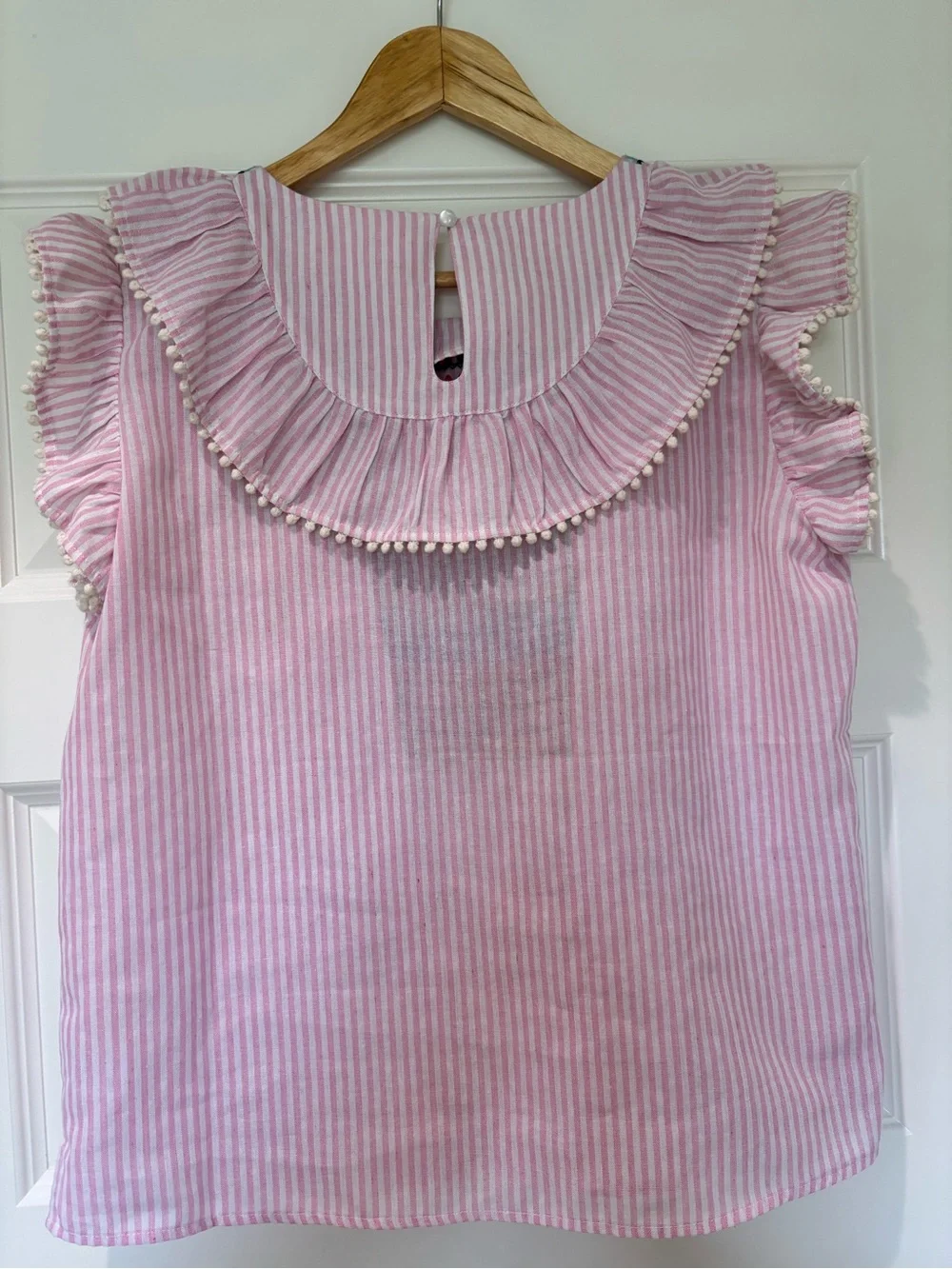 THML Sz L Embroidered Cotton Top Ruffled Sleeves  Pink White Stripes Cottagecore - Picture 3 of 10
